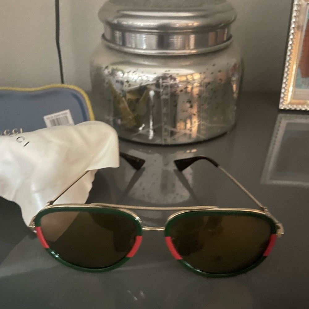 Gucci Gold Frame Sunglasses with Green and Red Accents